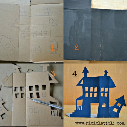 La casetta di Halloween fai da te ecosostenibile 2 Il collage per fare la casea dei fantasmi di halloween per i tuoi bimbi
