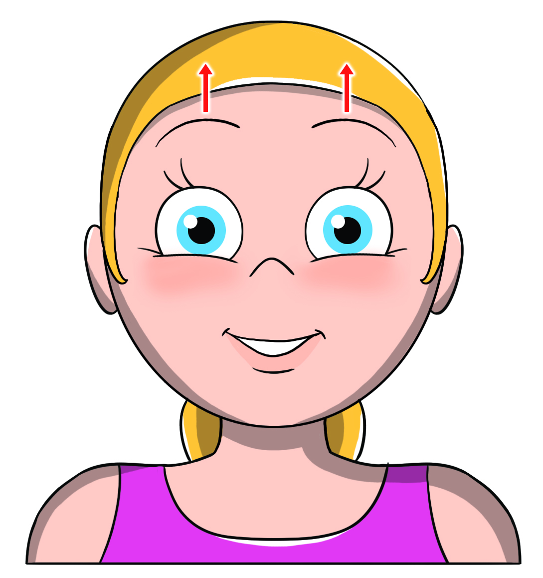Ginnastica facciale: come farla e esercizi illustrati per combattere le rughe del viso e collo 2 Illustrazione di una donna che spiega come fare ginnastica facciale contro le rughe della fronte. Ci sono delle frecce per spiegare il movimento da fare con occhi sgranati