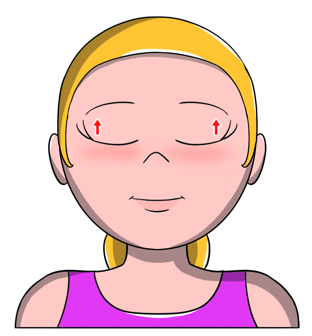 Ginnastica facciale: come farla e esercizi illustrati per combattere le rughe del viso e collo 3 Illustrazione di una donna per capire come fare ginnastica facciale contro le rughe degli occhi. Ci sono delle frecce accanto agli occhi per spiegare il movimento da fare con occhi sgranati