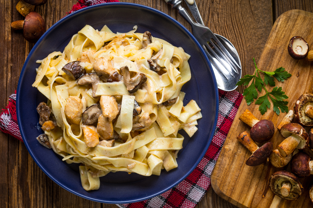 Sughi per pasta fatti in casa: ricette veloci e sane piene di gusto 7 piatto blu con tagliatelle ai funghi e vassoio con porcini