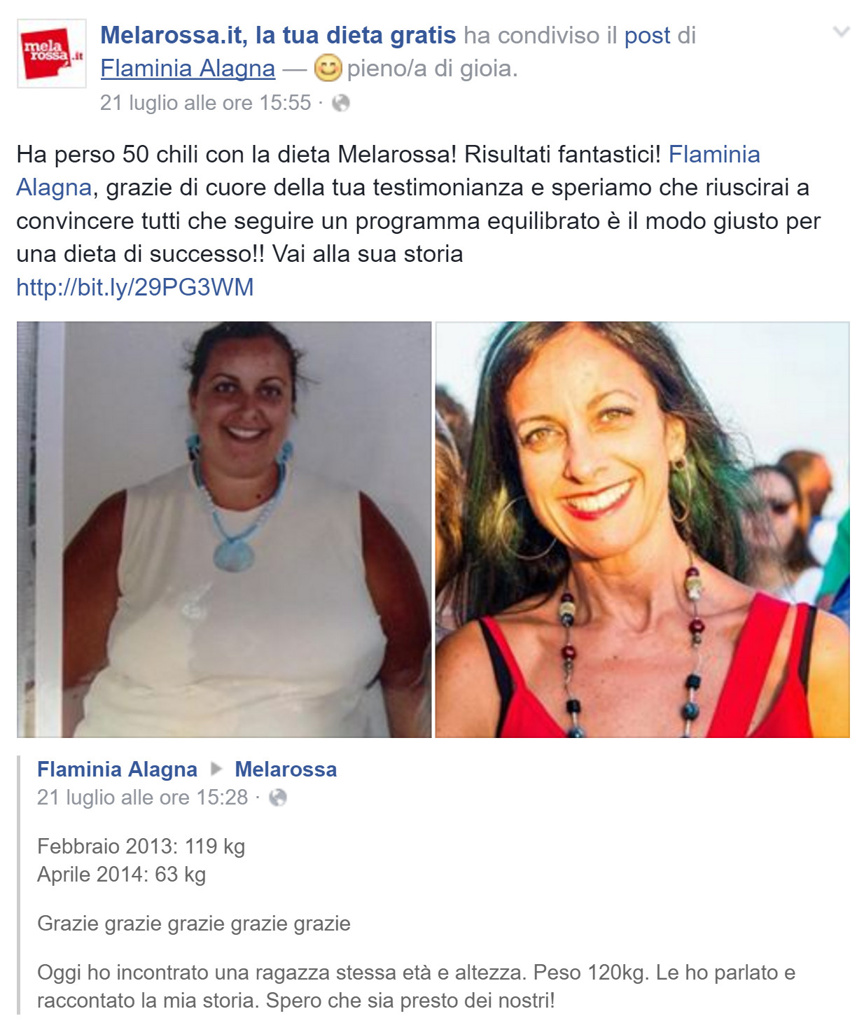 I testimonial dell'estate 2016 di Melarossa 53 Flaminia ha perso più di 50 kg con Melarossa