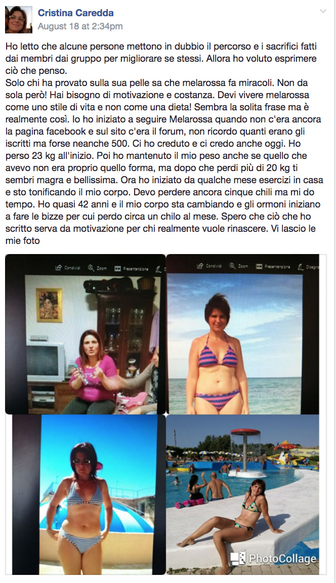 Le testimonianze ti aiutano: non le giudicare! 1 dieta melarossa cristina 23 kg post facebook