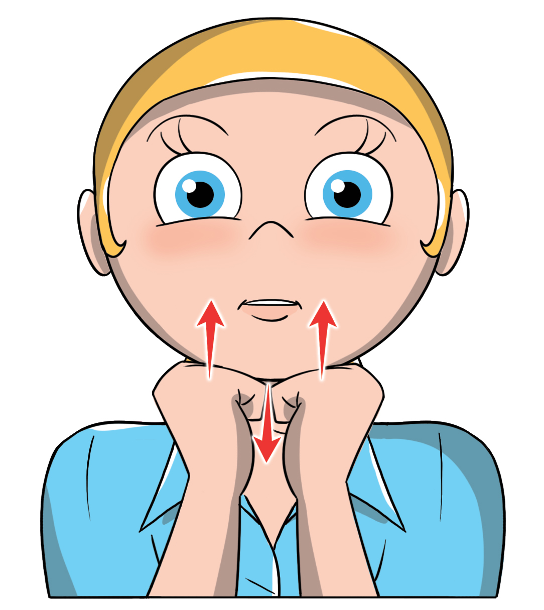 Ginnastica facciale: come farla e esercizi illustrati per combattere le rughe del viso e collo 14 Illustrazione di una donna che appoggia i gomiti su un tavolo e porta i pugni chiusi sotto il mento prova ad aprire la bocca. Frecce che indicano il movimento per realizzare correttamente l'esercizio di ginnastica facciale