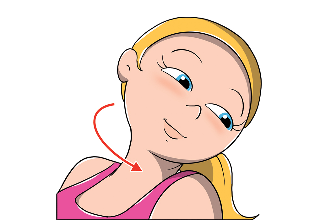 Ginnastica facciale: come farla e esercizi illustrati per combattere le rughe del viso e collo 17 Illustrazione di una donna che porta la testa all’indietro , girandola a sinistra e cercando di guardare sopra la spalla. Frecce che indicano il movimento di ginnastica facciale