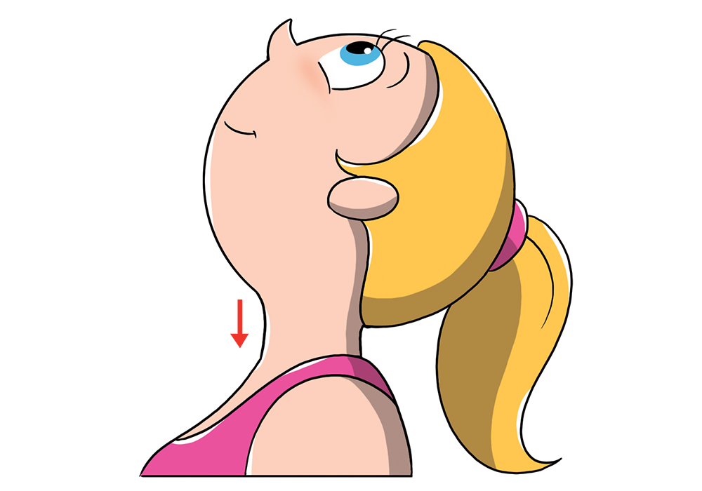 Ginnastica facciale: come farla e esercizi illustrati per combattere le rughe del viso e collo 13 illustrazione di una donna che esegue un esercizio di ginnastica facciale per tonificare la pelle del collo portando il mento verso . C'una freccia che indica il movimento