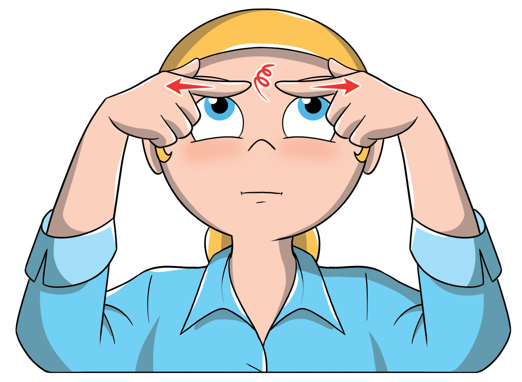 Ginnastica facciale: come farla e esercizi illustrati per combattere le rughe del viso e collo 5 Illustrazione di una donna che mostra come fare ginnastica facciale contro la ruga del leone. Ci sono delle frecce per spiegare il movimento da fare