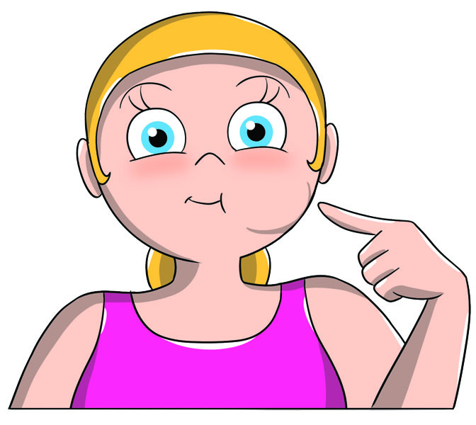 Ginnastica facciale: come farla e esercizi illustrati per combattere le rughe del viso e collo 8 Illustrazione di una donna che mostra come fare ginnastica facciale contro le rughe naso labiali . Indica con la mano la guancia sinistra gonfia