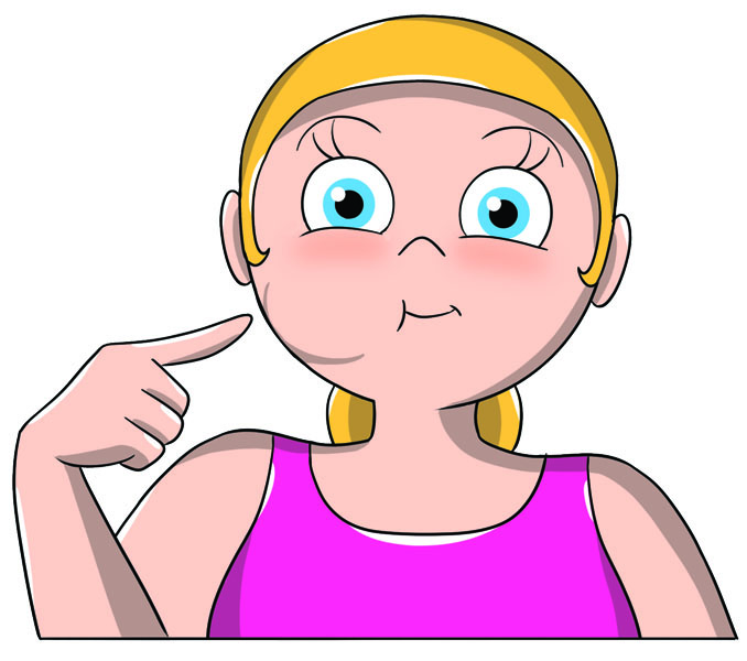 Ginnastica facciale: come farla e esercizi illustrati per combattere le rughe del viso e collo 9 Illustrazione di una donna che mostra come fare ginnastica facciale contro le rughe naso labiali . Indica con la mano destra la sua guancia gonfia
