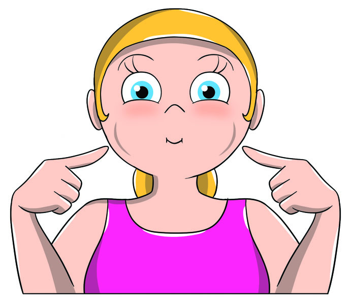 Ginnastica facciale: come farla e esercizi illustrati per combattere le rughe del viso e collo 7 Illustrazione di una donna che mostra come fare ginnastica facciale contro le rughe naso labiali . indica con le mani il movimento di gonfiare le guance