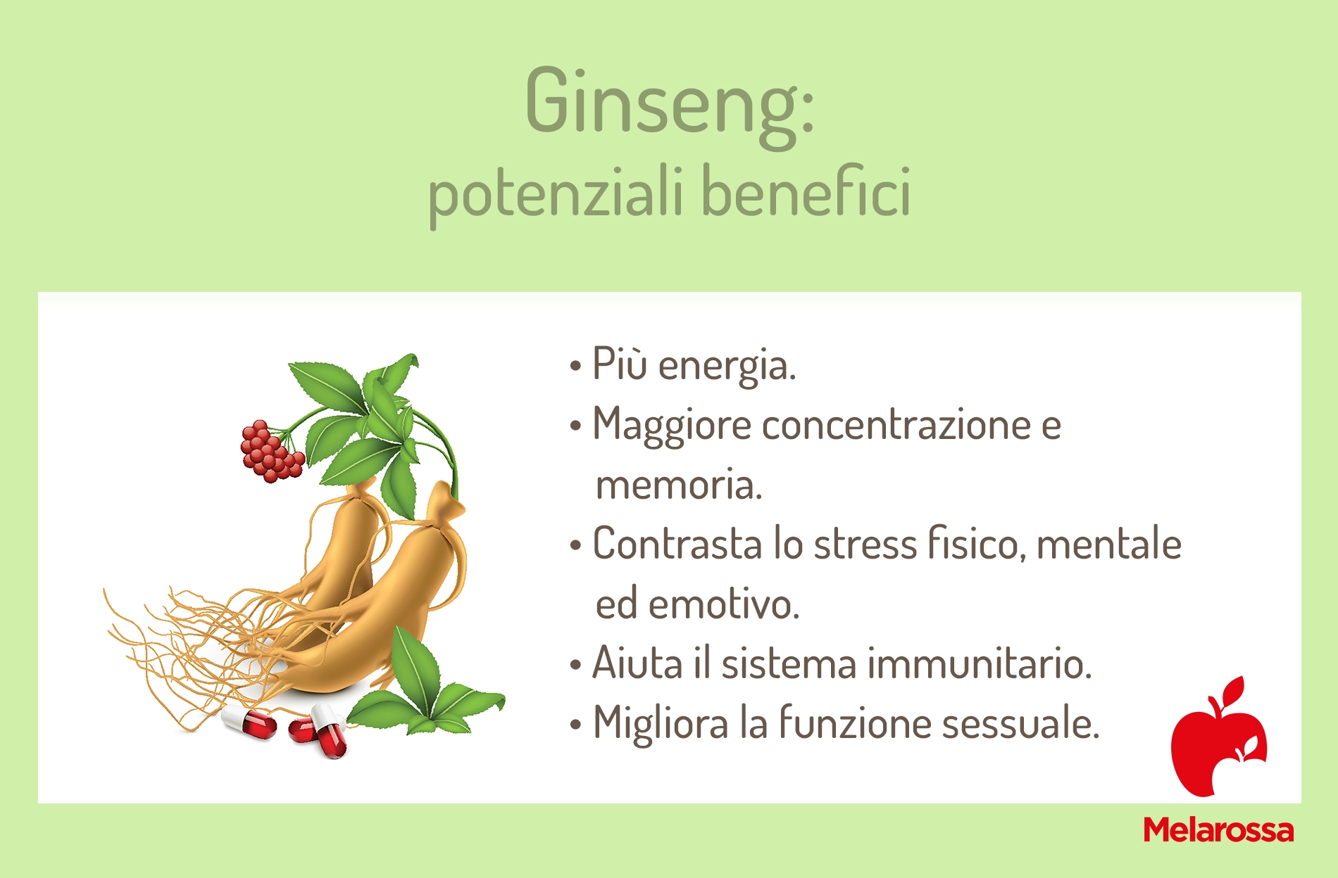 Ginseng: benefici, effetti, proprietà e calorie 1 Una grafica sui potenziali benefici del ginseng