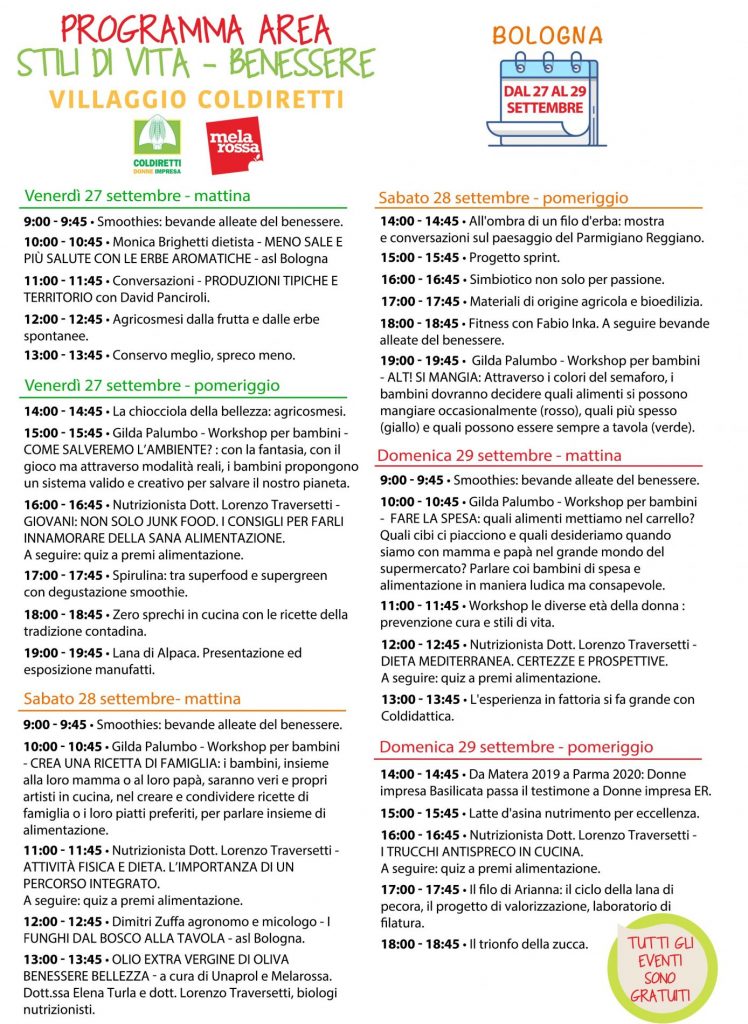 Melarossa al Villaggio Coldiretti di Bologna: gli eventi dedicati al mangiar sano, salute, benessere e ambiente 1 Programma 3 giorni 3 bologna