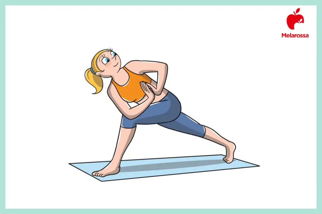 Posizioni yoga: gli Asana più importanti per principianti, intermedi e avanzati 22 Illustrazione posizioni yoga affondo con torsione parivrtta anjaneyasana in affondo con busto ruotato e mani unite.
