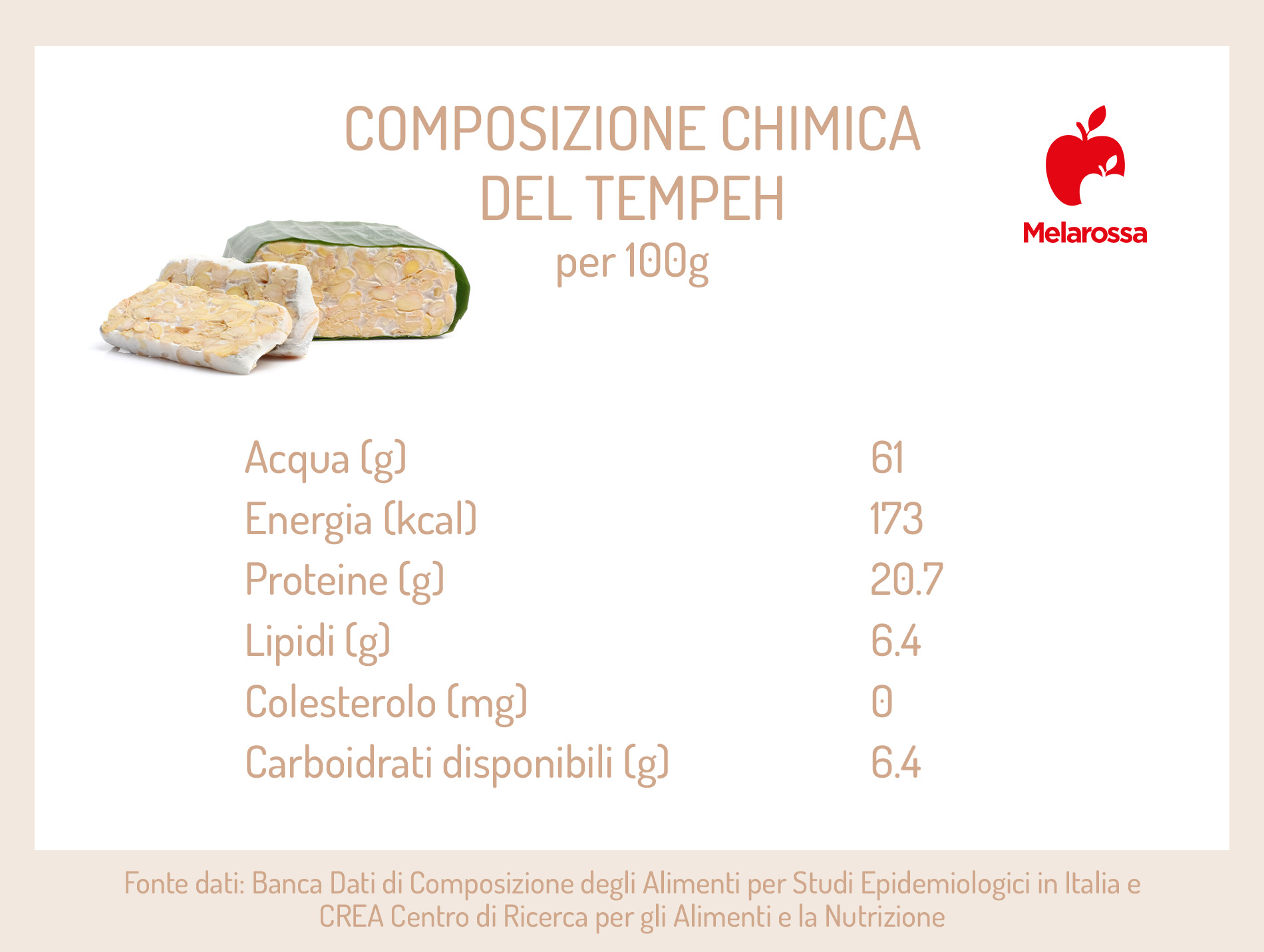 Tempeh: cos'è, a cosa fa bene e ricette 1 grafica sui valori nutrizionali del temph