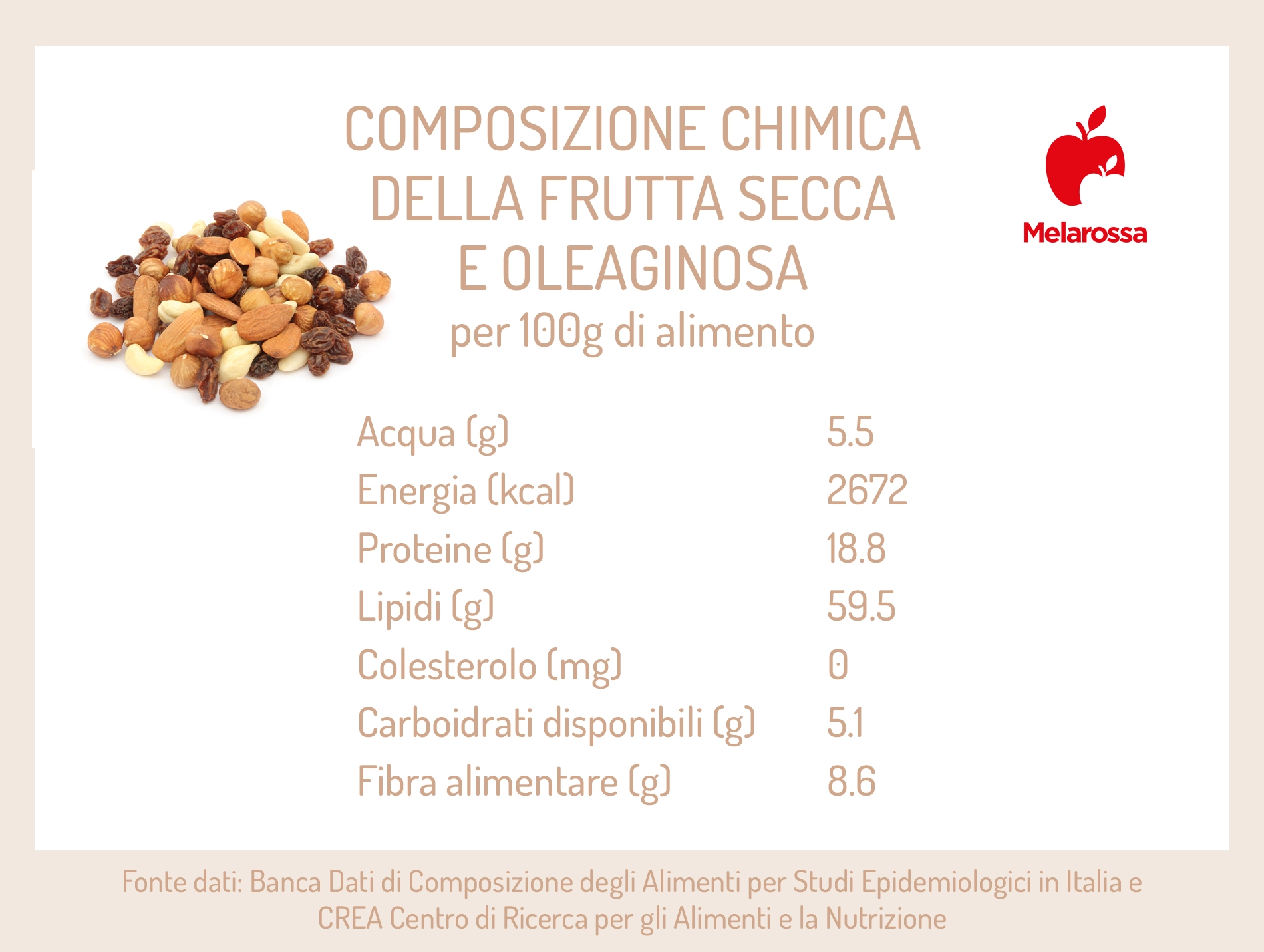 Frutta secca: elenco, benefici e gusto anche a dieta 1 grafica sulla composizione nutrizionale della frutta secca