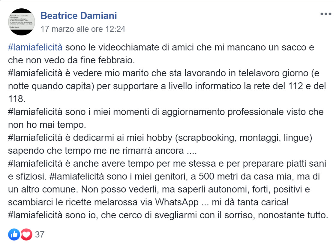 #lamiafelicità: i messaggi di speranza della community di Melarossa per combattere insieme la paura 1 #lamiafelicità beatrice damiani
