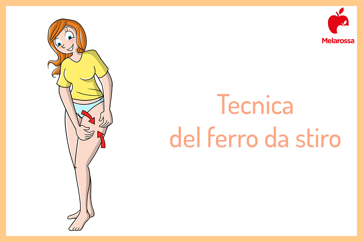 Massaggio anticellulite: tecniche efficaci e come applicare la crema 3 Grafica con illustrazione di una donna che fa vedere come eseguire la tecnica per un massaggio anticellulite sulle gambe. In alto a destra logo di Melarossa