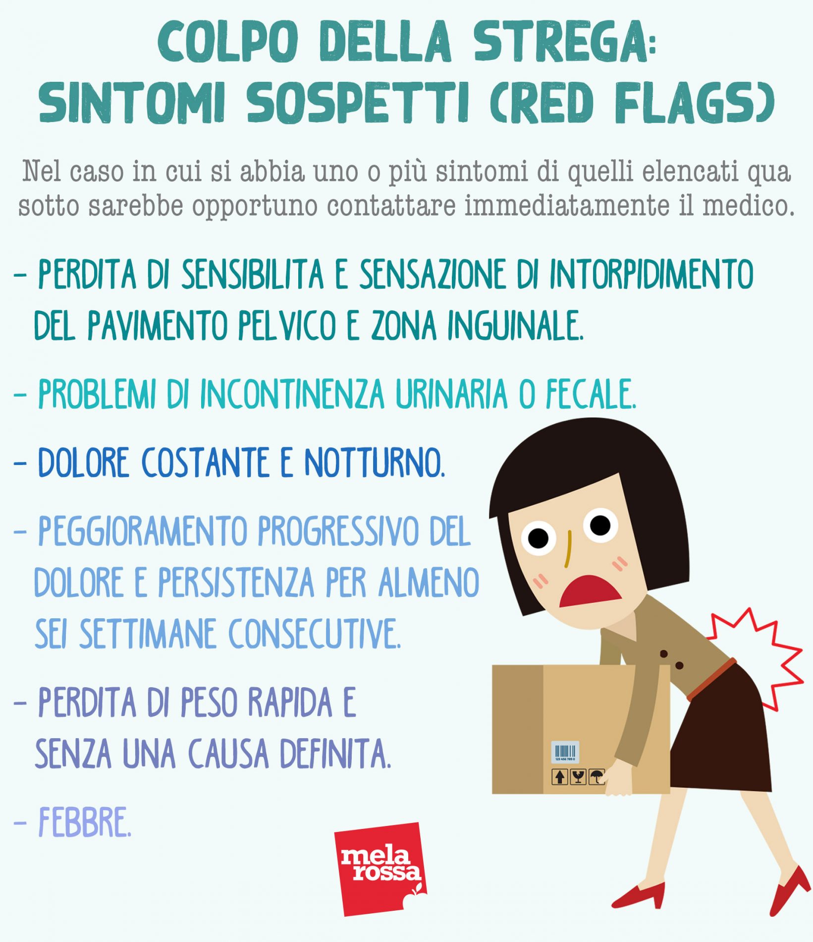 Colpo della strega: che cos'è, cause, sintomi, come gestirlo, trattamenti e esercizi per prevenirlo 5 colpo della strega: sintomi ( red flag)