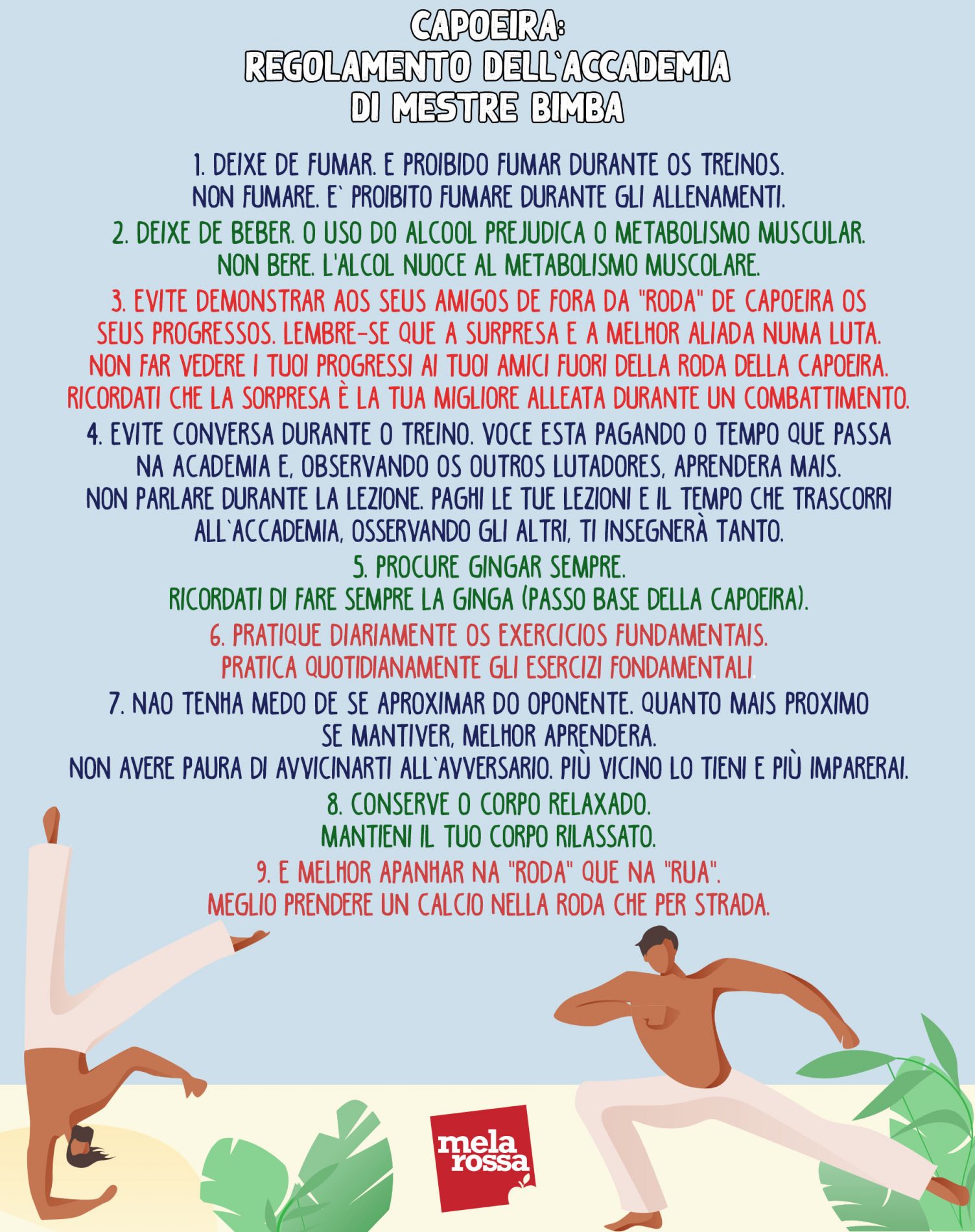 Capoeira: cos'è, storia, caratteristiche, come si svolge un combattimento, danza, musica e benefici 6 capoeira: regolamento dell'accademia