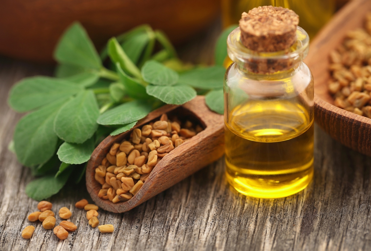 Fieno greco: cos’è, proprietà, benefici, usi, controindicazioni 4 Un cucchiaio in legno colmo di semi essiccati di fieno greco e una boccetta con olio essenziale
