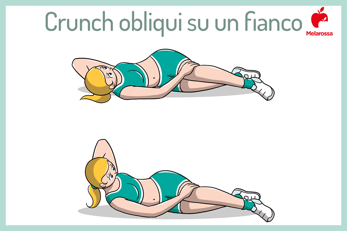 Crunch: come eseguirlo, benefici, varianti e il challenge crunch 5 crunch su un fianco