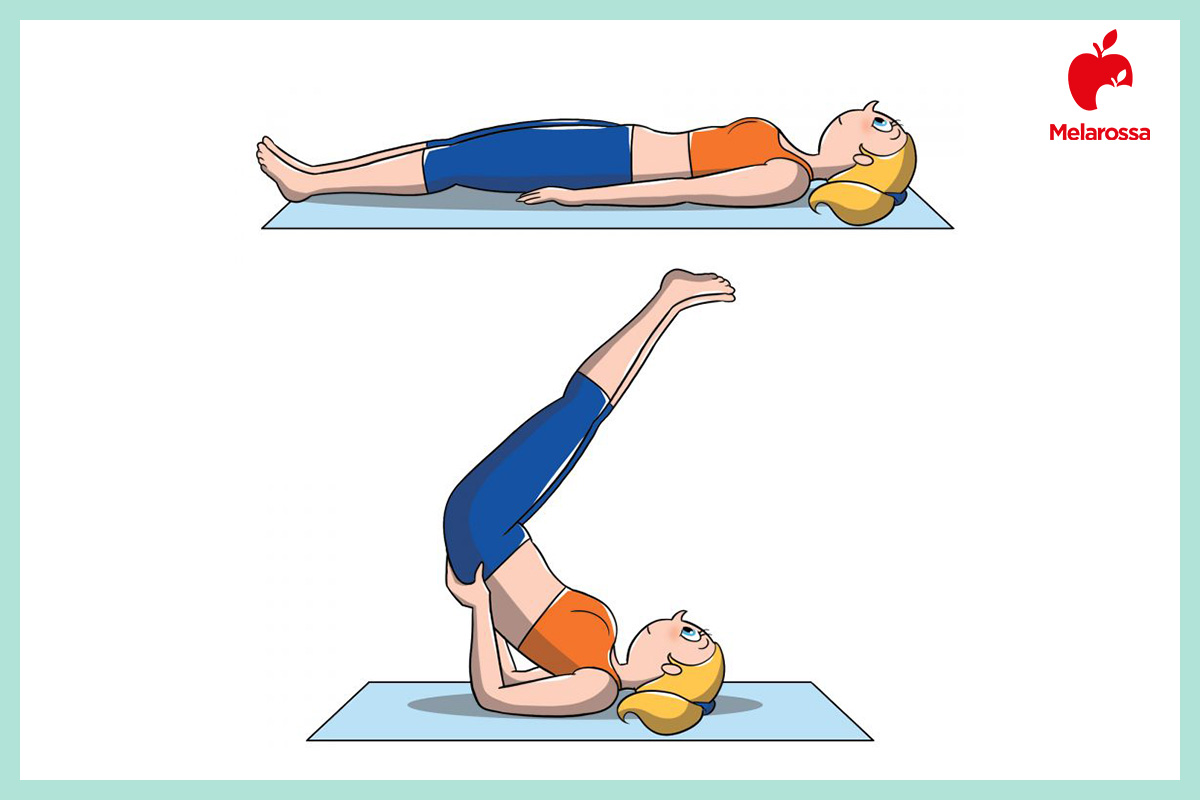 Posizioni yoga contro il gonfiore addominale 6 Illustrazione di una donna che esegue una semi capovolta in 2 fasi per sgonfiare la pancia. In alto a destra logo Melarossa