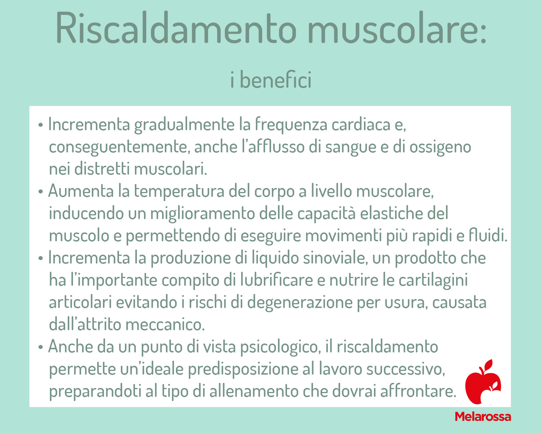 Riscaldamento muscolare: che cos'è, i benefici e gli esercizi da fare 1 Infografica che mostra i benefici del riscaldamento muscolare.