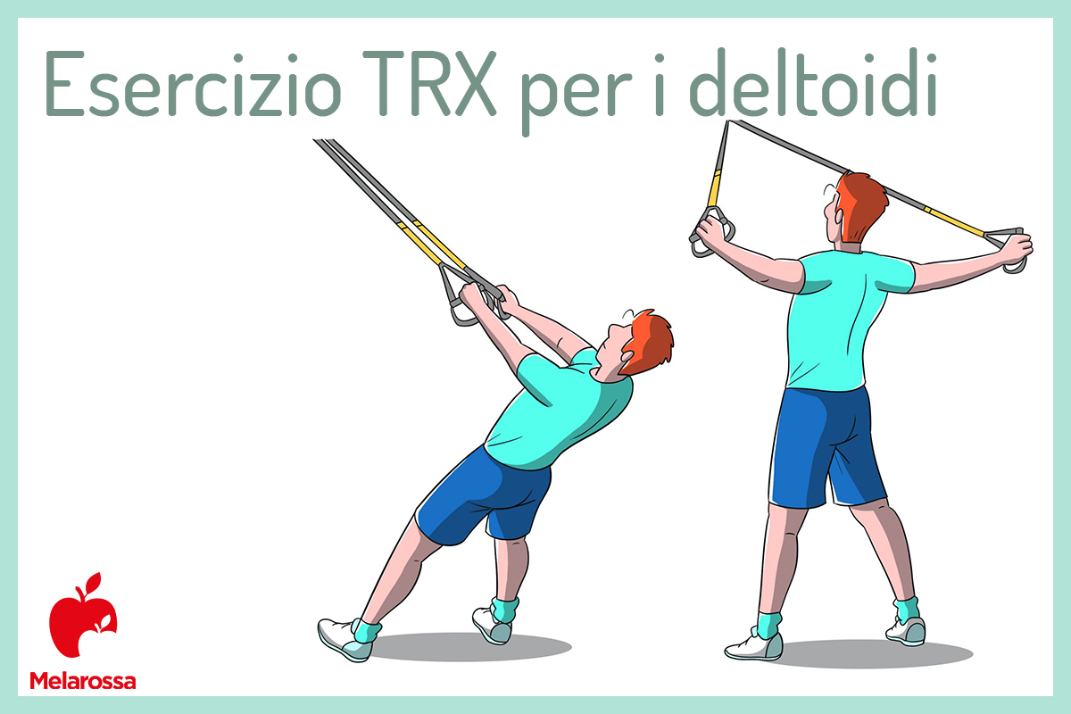 TRX: che cos'è, benefici, muscoli coinvolti e il programma di allenamento 10 illustrazione di una donna che fa vedere come eseguire uno esercizio con trx per i deltoidi