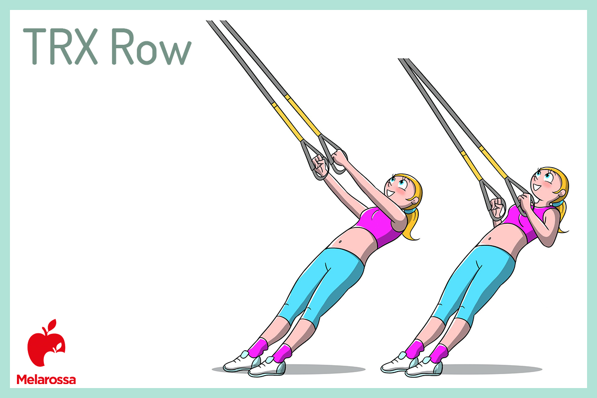 TRX: che cos'è, benefici, muscoli coinvolti e il programma di allenamento 9 illustrazione di una donna che fa vedere come eseguire uno trx row