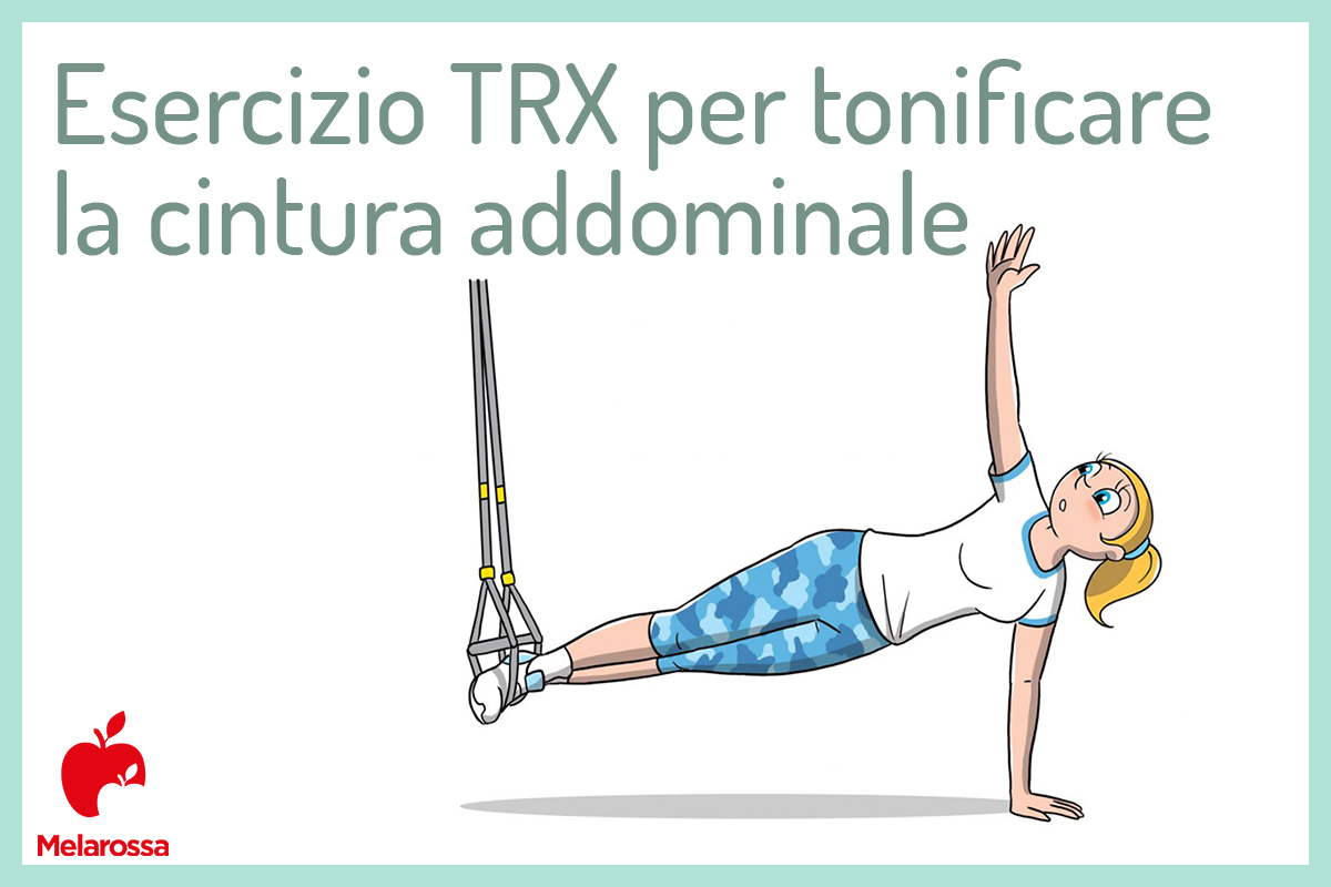 TRX: che cos'è, benefici, muscoli coinvolti e il programma di allenamento 17 Illustrazione di una donna che fa vedere un esercizio con il TRX per allenare gli addominali
