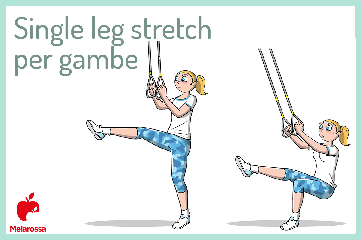 TRX: che cos'è, benefici, muscoli coinvolti e il programma di allenamento 7 illustrazione di una donna che fa vedere come eseguire uno single leg stretch con il trx