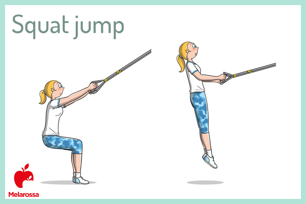 TRX: che cos'è, benefici, muscoli coinvolti e il programma di allenamento 8 illustrazione di una donna che fa vedere come eseguire uno squat jump con il trx