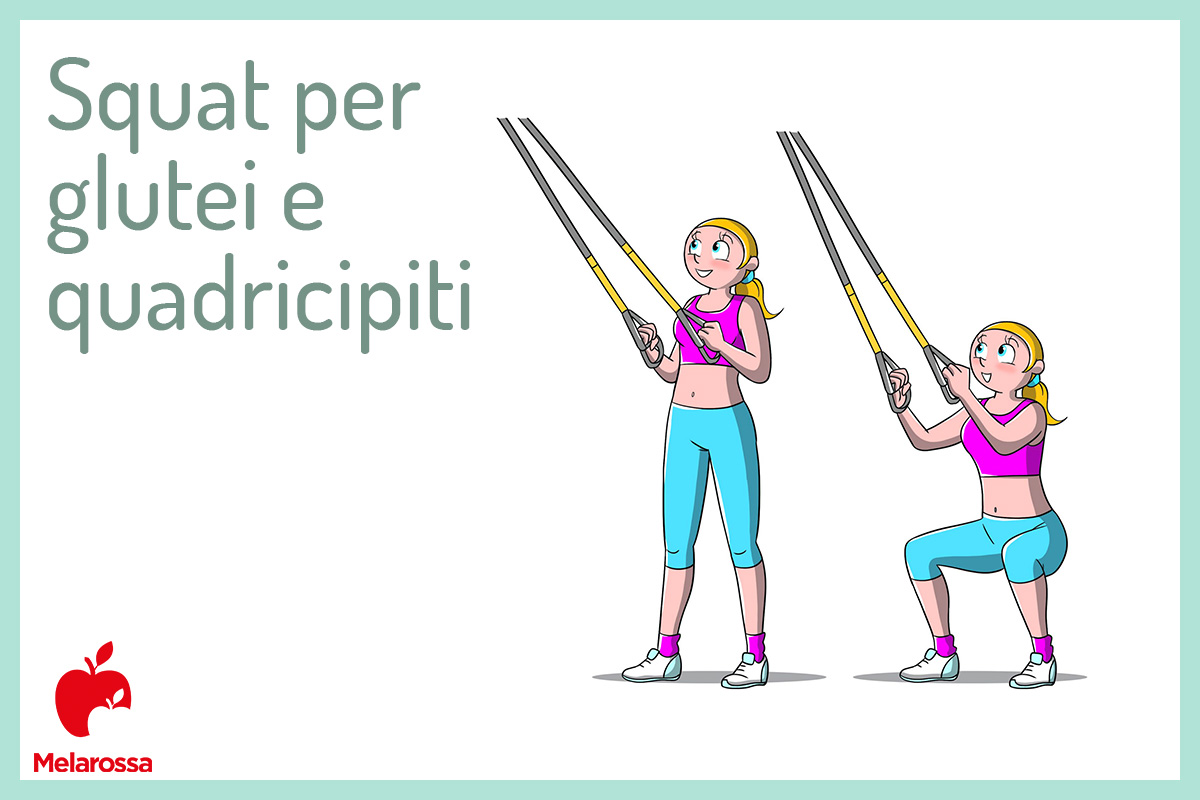 TRX: che cos'è, benefici, muscoli coinvolti e il programma di allenamento 6 illustrazione di una donna che fa vedere come eseguire uno squat con il trx