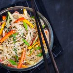 Spaghetti di soia con verdure: calorie, valori nutrizionali e come prepararli in casa 1 su sfondo nero ciotola nera con spaghetti di soia con verdure. peperoni rossi e verdi e carote. Sulla ciottola 2 bacchette cinesi per mangiarli