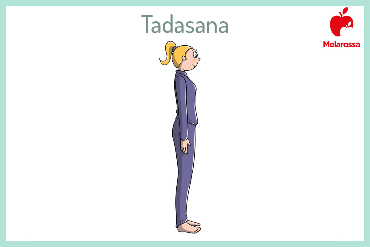 Saluto al Sole o Surya Namaskar: come fare la sequenza (guida illustrata) e perché fa bene alla salute 15 Illustrazione per spiegare la prima posizione del saluto al sole, tadasana partenza in piedi, sguardo dritto e mani al petto