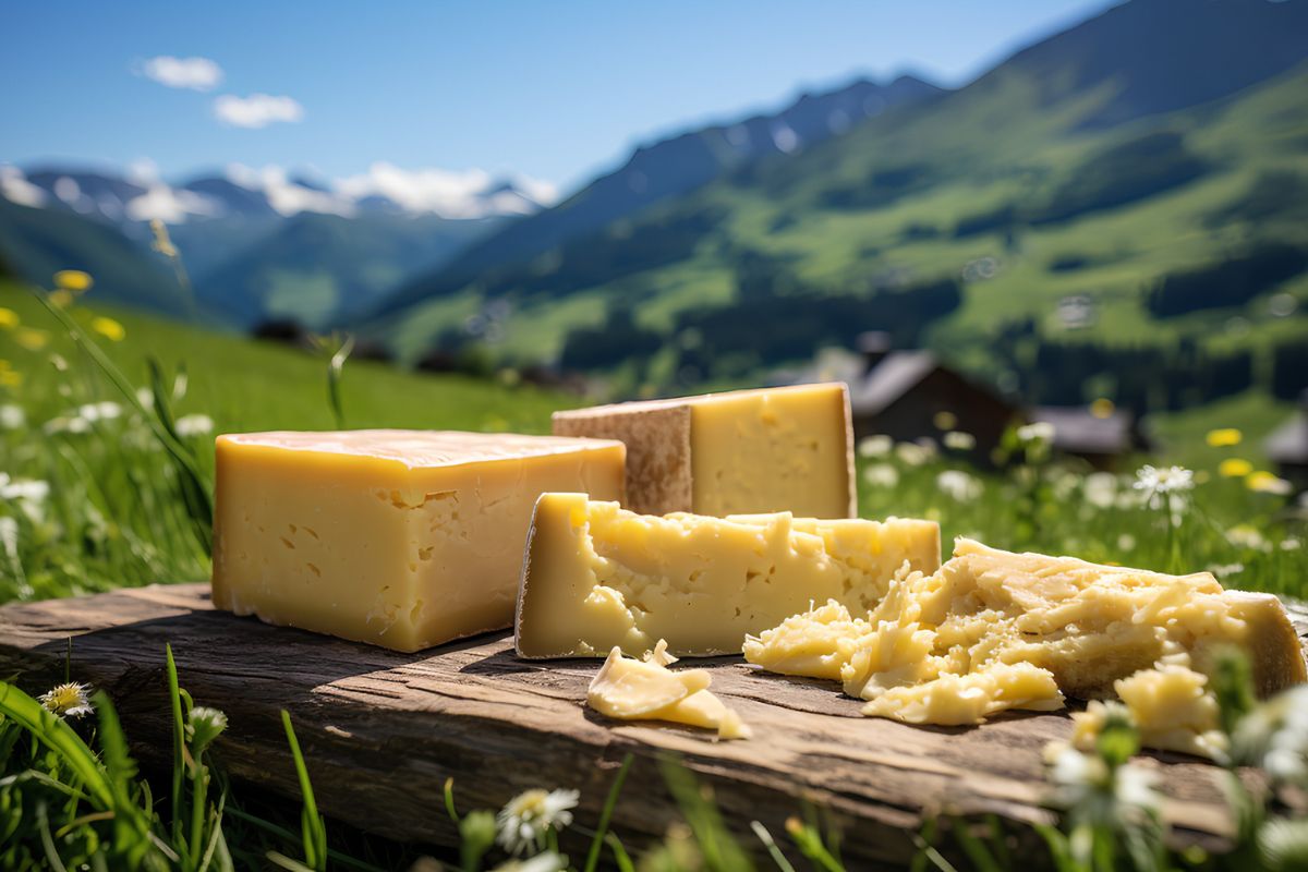 Formaggi: tipologie, quali sono, proprietà e benefici e usi a dieta 1 Un pezzo di formaggio su un tavolo di legno con un panorama montano