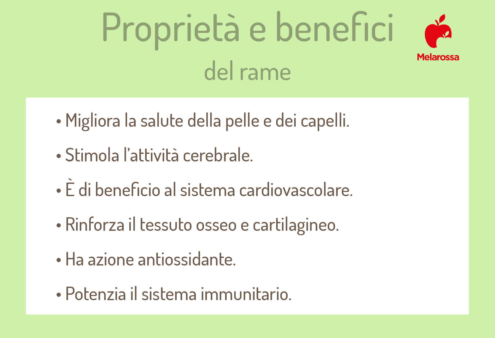 Rame: cos’è, a cosa serve, proprietà, carenza e integratori 2 grafica su proprietà e benefici del rame