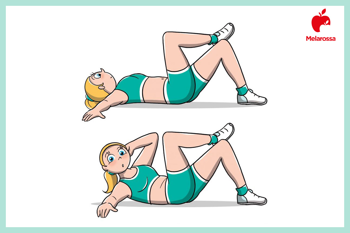 Snellire il girovita: cosa mangiare, allenamento e i migliori esercizi per una vita sottile 3 Illustrazione di una donna che esegue in 2 tempi i crunch obliqui per snellire il girovita