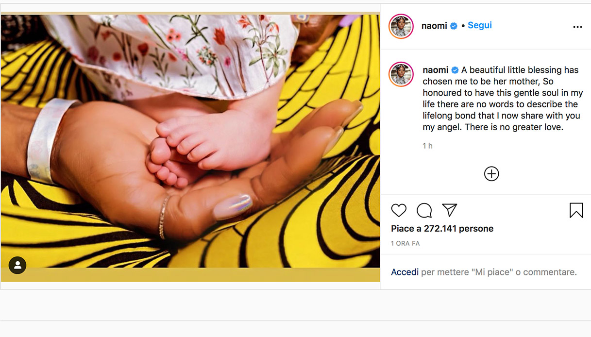 Naomi Campbell annuncia sui social la nascita della sua bambina. La super modella diventa mamma a 51 anni 1 naomi campbell mamma