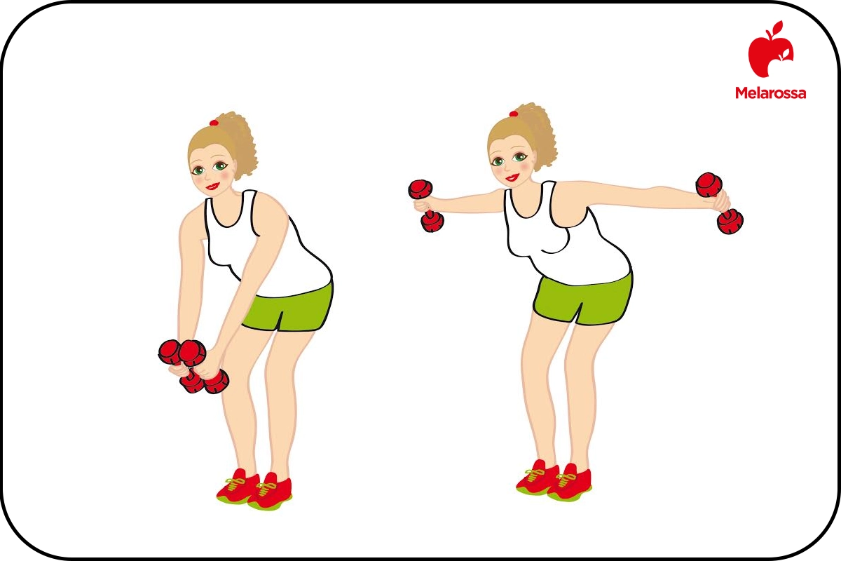 I migliori esercizi per dire addio ai rotolini sulla schiena 4 grafica che illustra l'esecuzione degli esercizi per i rotolini sulla schiena con i dumbell laterali