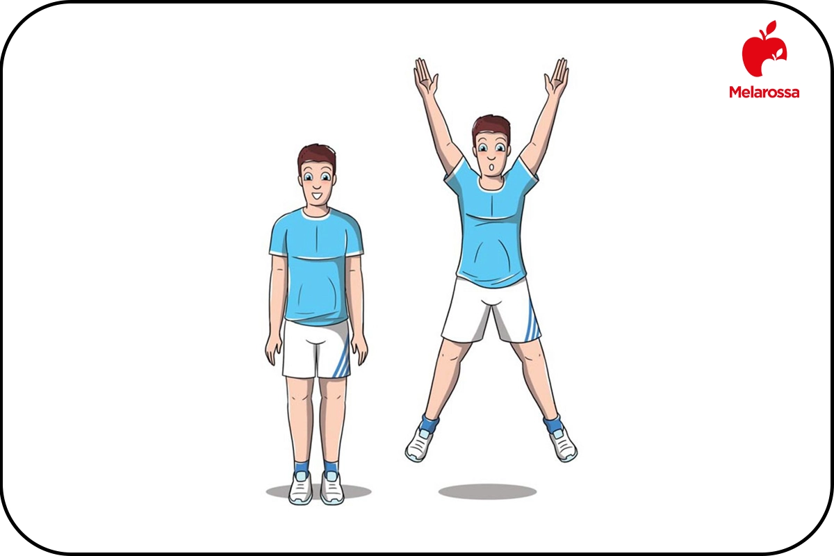 I migliori esercizi per dire addio ai rotolini sulla schiena 12 grafica che illustra come svolgere l'esercizio per i rotolini sulla schiena: i jumping jack
