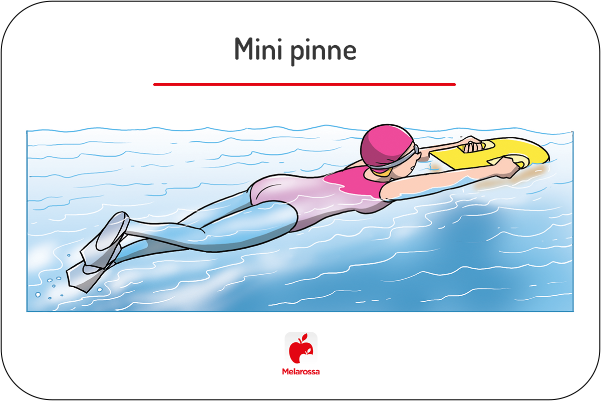 Mini pinne: programma di allenamento per combattere la cellulite e i migliori modelli 2025 9 Illustrazione di una nuotatrice in piscina che esegue gambate con mini pinne utilizzando una tavoletta di supporto.