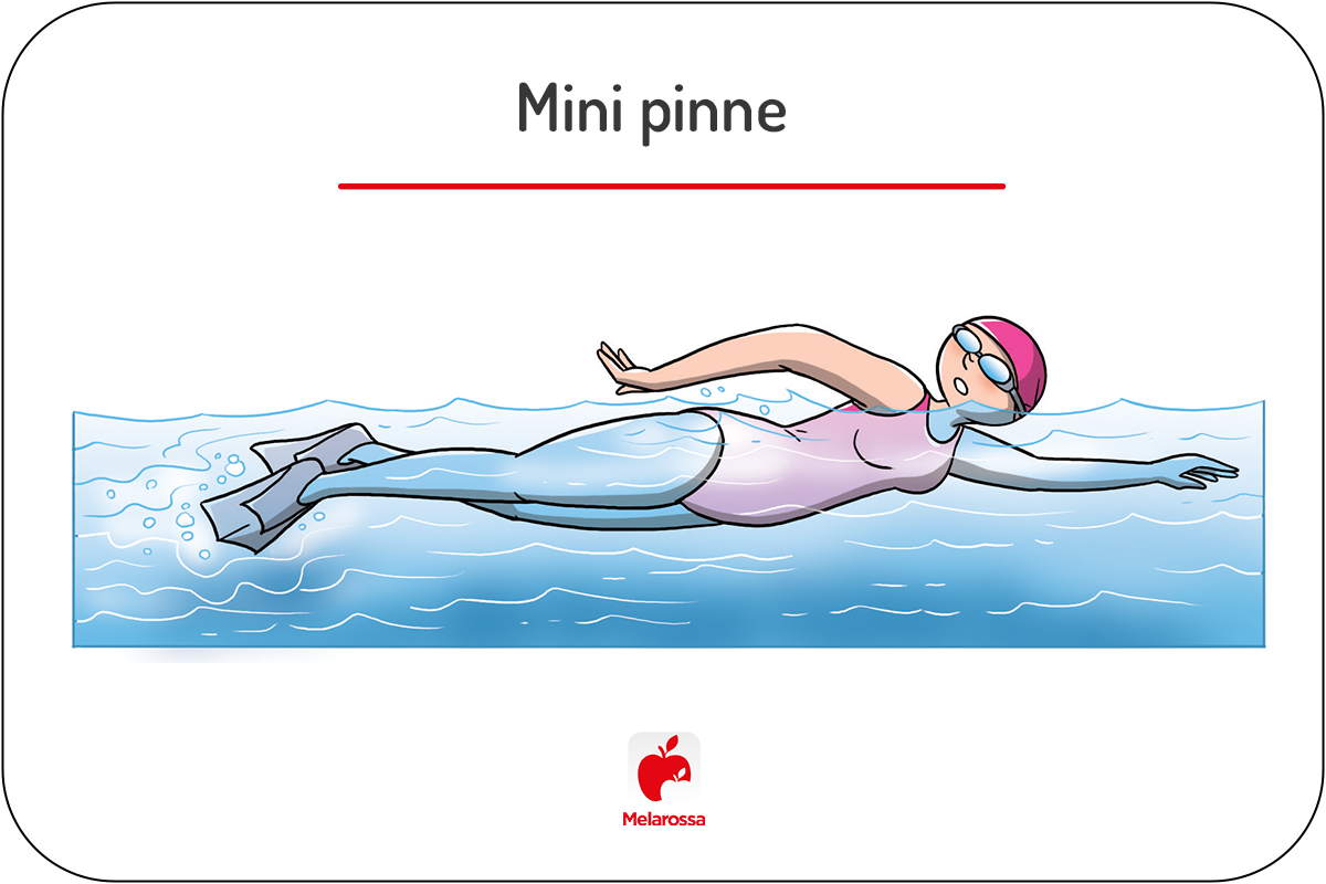 Mini pinne: programma di allenamento per combattere la cellulite e i migliori modelli 2025 7 Illustrazione di una nuotatrice che esegue lo stile libero in piscina indossando mini pinne, cuffia rosa e occhialini.
