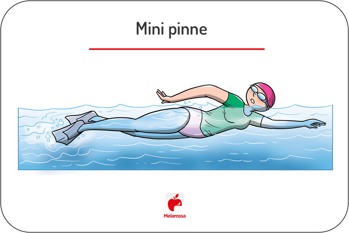 Mini pinne: programma di allenamento per combattere la cellulite e i migliori modelli 2025 11 Illustrazione di una nuotatrice in piscina che esegue stile libero con mini pinne indossando una maglietta, cuffia rosa e occhialini.