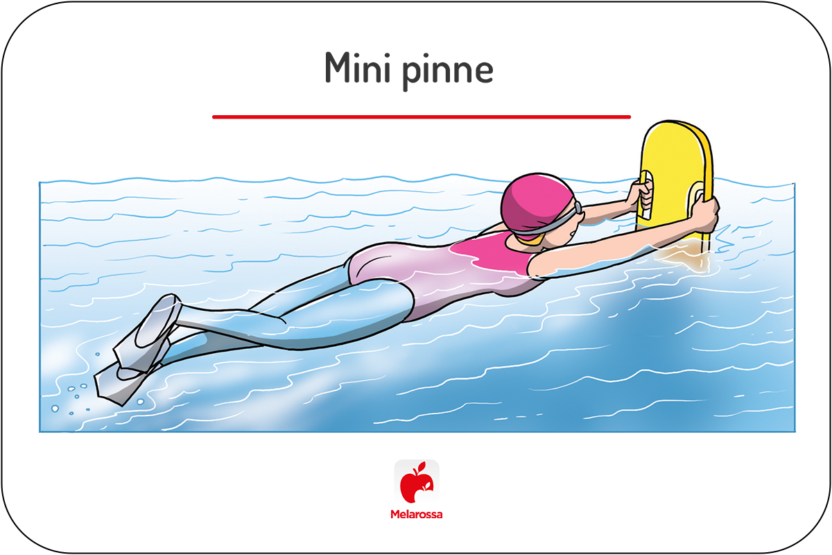 Mini pinne: programma di allenamento per combattere la cellulite e i migliori modelli 2025 10 Illustrazione di una nuotatrice in piscina che esegue stile libero con mini pinne utilizzando una tavoletta di supporto.