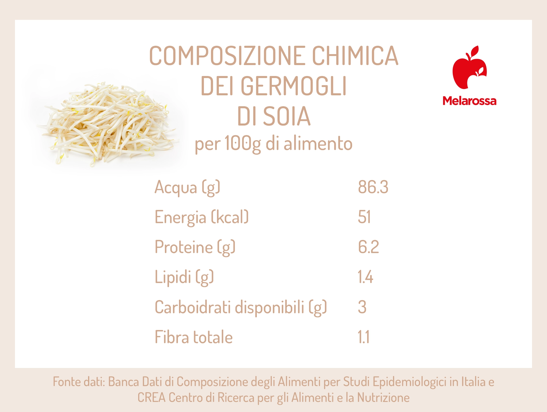 Germogli di soia: a cosa fanno bene, come cucinarli e ricette 2 grafica sui valori nutrizionali dei germogli di soia