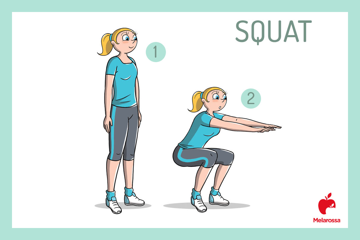 Tabata: cos’è, protocollo di allenamento e programmi per bruciare grasso e tonificare addominali 6 Illustrazione che fa vedere come fare bene gli squat durante un allenamento tabata