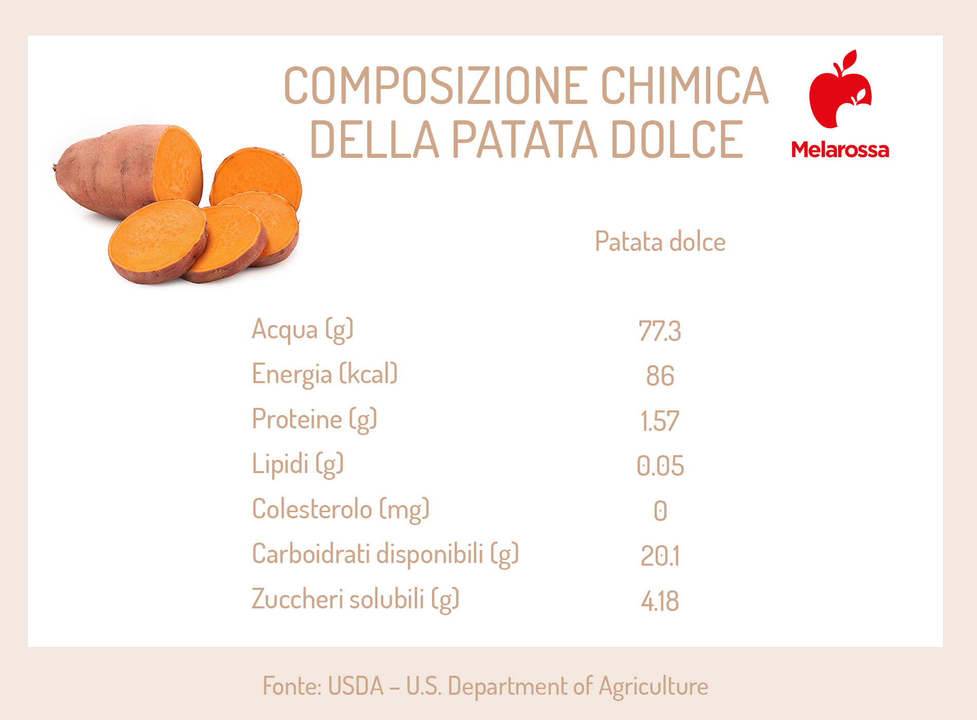 Patate dolci o batate: proprietà, calorie e ricette 1 grafica sulla composizione chimica delle patate dolci