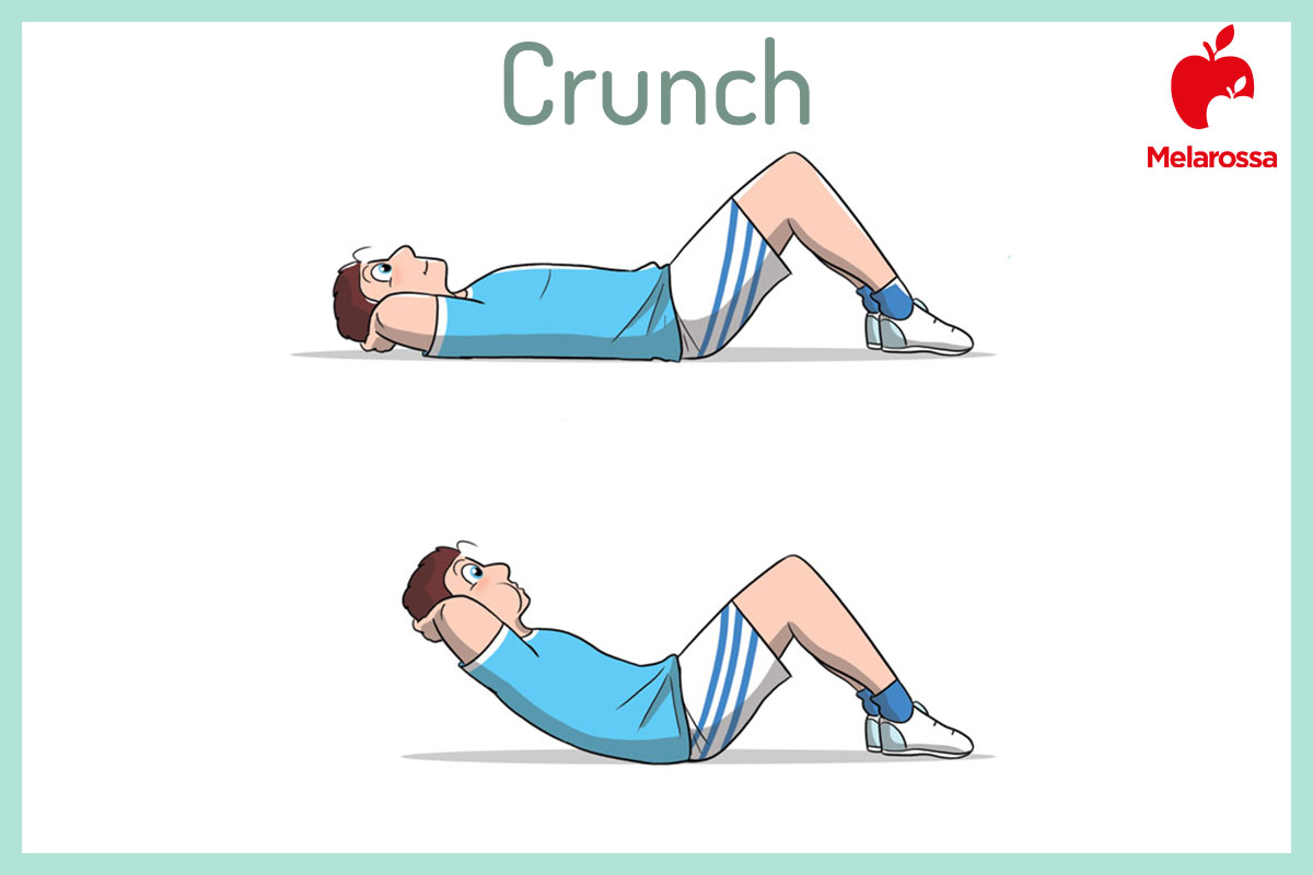 Allenamento per chi è in sovrappeso: esercizi e programmi per dimagrire 3 Illustrazione di un uomo che esegue un allenamento per dimagrire per combattere il sovrappeso e fa un crunch