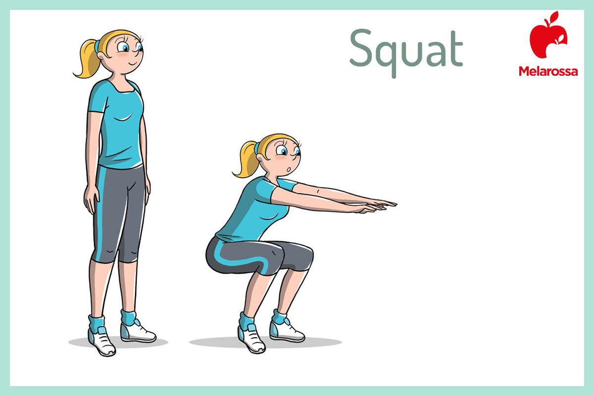 Allenamento per chi è in sovrappeso: esercizi e programmi per dimagrire 5 illustrazione di una donna che esegue un squat uno dei migliori esercizi per dimagrire