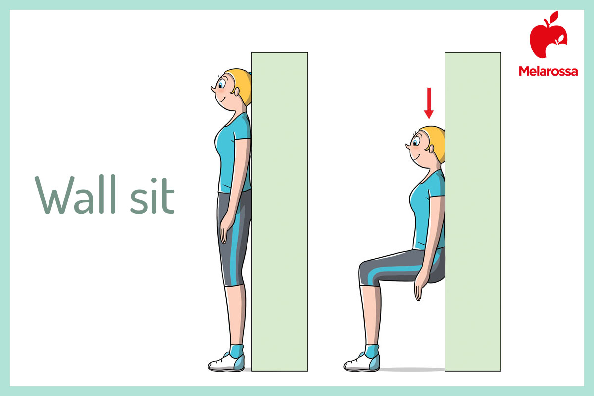 Allenamento per chi è in sovrappeso: esercizi e programmi per dimagrire 1 grafica di una donna che esegue un wall sit per combattere il sovrappeso